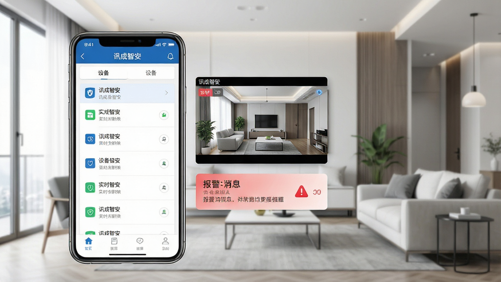 一张展示智能手机屏幕的图片,屏幕中显示“讯成智安”软件主界面,界面布局包含设备列表、实时视频预览窗口、报警消息提醒卡片,背景为现代家居客厅环境,画面风格简洁明亮,科技感十足,细节清晰,画质干净,无多余元素