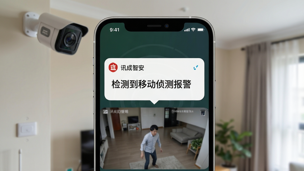 一张展示手机接收报警推送通知的图片,手机屏幕上方弹出“讯成智安”报警提醒卡片,显示“检测到移动侦测报警”,背景为家庭安防摄像头安装场景,风格写实,细节丰富,画质清晰,无多余元素