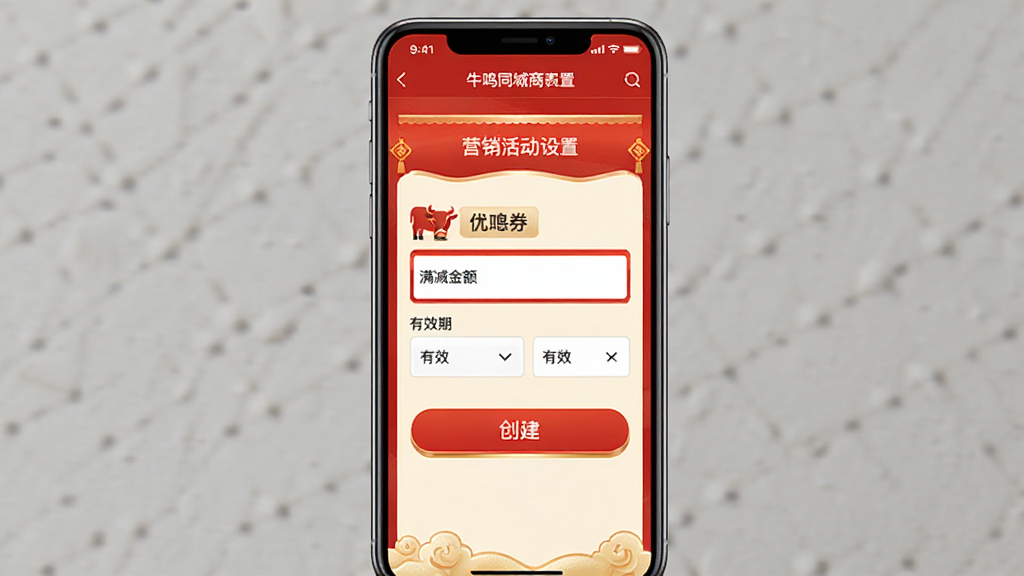 牛鸣同城商家端 营销活动设置界面 主体为手机屏幕显示优惠券创建表单 布局为纵向排列 风格为喜庆的红色与金色搭配 细节包含满减金额输入框 有效期选择器 创建按钮 画质清晰 干净 无多余元素