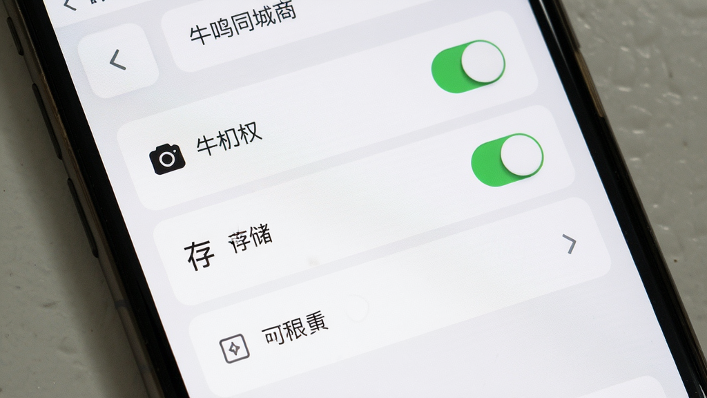 牛鸣同城商家端 手机设置界面 主体为手机屏幕显示权限管理列表 布局为纵向列表 风格为清爽的白色与浅灰色 细节包含相机权限开关 通知权限开关 存储权限开关 画质清晰 干净 无多余元素