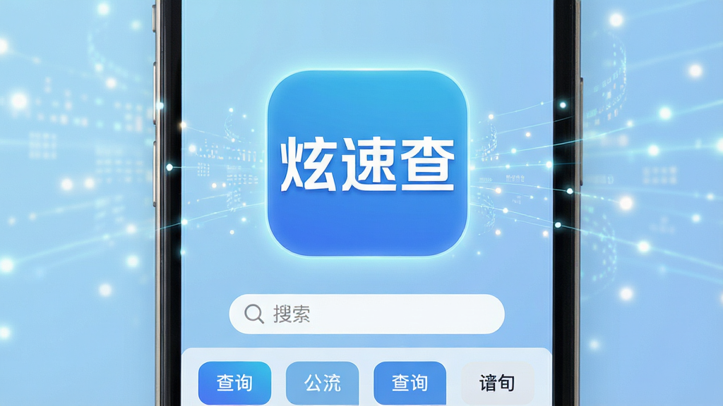 一张展示智能手机屏幕特写的图片,屏幕中央醒目地显示“炫速查”三个大字的APP图标,图标下方是简洁的搜索框和几个分类查询入口按钮,背景为浅蓝色渐变,周围环绕着代表数据流的光点与线条,整体布局清晰对称,风格为现代科技感扁平化设计,细节上图标边缘带有微光,画质高清,画面干净,无多余元素。