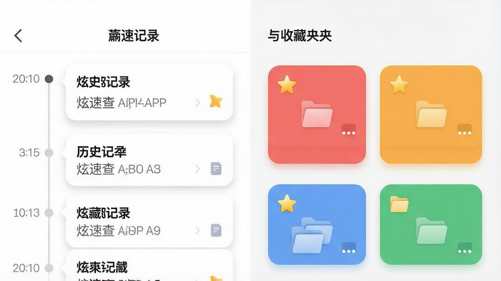 一张展示“炫速查”APP历史记录与收藏夹界面的图片,界面左侧是时间轴形式的历史记录列表,右侧是彩色标签分类的收藏卡片,卡片上带有星标和文件夹图标,布局为左右分栏式,风格为清爽的移动端UI设计,细节上卡片带有轻微阴影,画质清晰,画面干净,无杂乱元素。