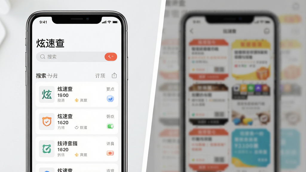 一张展示手机屏幕对比的图片,左侧屏幕显示“炫速查”APP界面,干净简洁只有搜索框和结果列表,右侧屏幕用灰色虚化模糊处理代表其他软件繁杂的广告界面,画面中心用一条白色分割线隔开,风格为UI设计展示图,细节上左侧屏幕亮度更高更清晰,画质高清,画面干净,无多余装饰元素。