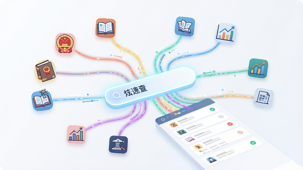 一张展示“炫速查”APP内部搜索界面的图片,画面中央是一个发光的搜索框,搜索框向外延伸出多条彩色线条连接着代表不同数据源的小图标,如政务徽章、学术书本、商业图表等,这些线条汇聚回搜索框形成结果列表,布局呈放射状,风格为扁平化科技插画,细节上线条带有轻微发光效果,画质清晰,画面干净整洁。