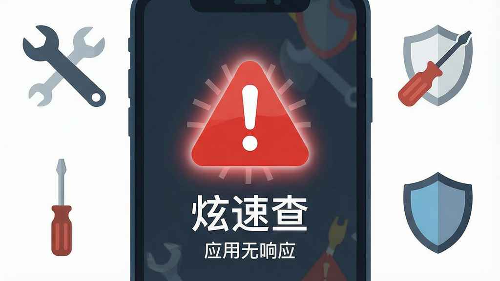 一张展示手机屏幕出现错误提示的图片,画面中央是一个红色感叹号图标,下方有“炫速查”字样和一行小字“应用无响应”,周围环绕着扳手、螺丝刀、盾牌等工具图标,布局为居中对称,风格为扁平化警示插画,细节上红色感叹号带有发光效果,画质清晰,画面干净,无多余文字。