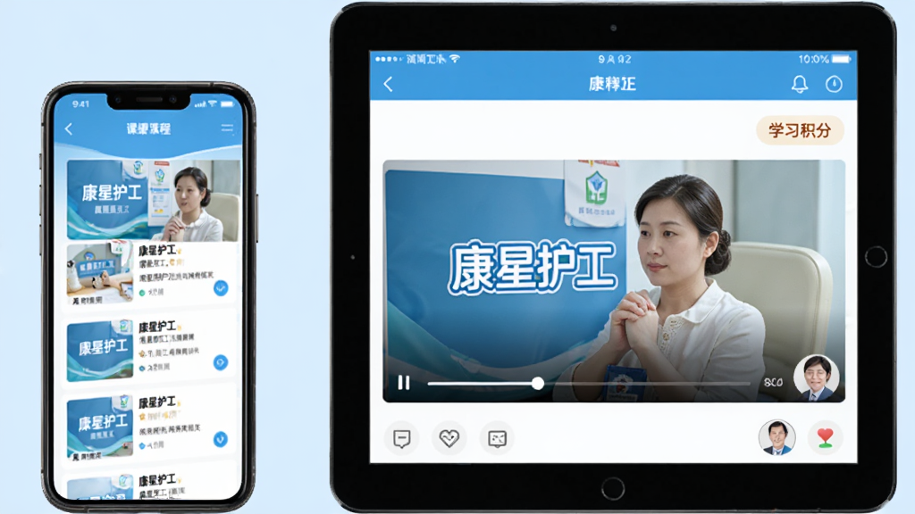 ����Ϊ�ֻ���ƽ��ͬʱչʾ���ǻ�����������ѵ�γ̽��棬����Ϊ��̨�豸���Űڷţ��Ű�������γ��б��Ҳ���Ƶ�������򣬷��Ϊ������APP������ϸ�ڰ����γ̷���ͼ�����Ž���������ʦͷ��ѧϰ������ʾ��Ԫ�أ�����Ϊǳ��ɫ�����ʸ���ɾ��޶���Ԫ�أ��γ̷�����������ʾ