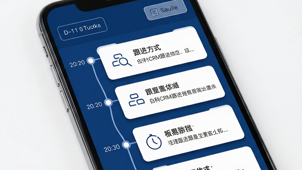博科CRM跟进提醒功能界面展示图,主体为手机屏幕内的时间轴跟进记录列表,每条记录包含日期、跟进方式图标、文字摘要;布局采用上下排列的时间轴结构,左侧为时间节点,右侧为内容卡片;排版简洁清晰,顶部有筛选按钮;风格为扁平化商务风,主色调为深蓝与白色;细节上时间轴线条流畅,卡片有轻微阴影,图标统一为线性风格;画质要求高清、干净、无多余装饰元素