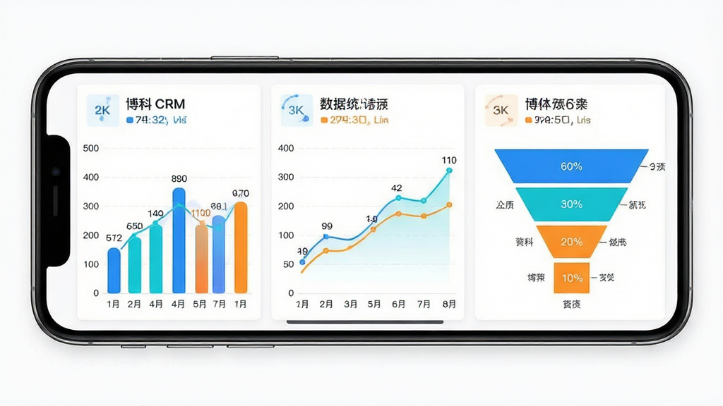 博科CRM数据统计看板界面图,主体为手机横屏展示的图表页面,包含柱状图、折线图与漏斗图三种可视化组件;布局采用网格排列,图表之间留有均匀间距;排版上每个图表上方有标题与数值摘要;风格为现代数据可视化风格,配色以蓝色、青色、橙色区分不同数据系列;细节上图表线条平滑,数据标签清晰可读,背景为白色;画质要求2K高清、干净整洁、无多余元素