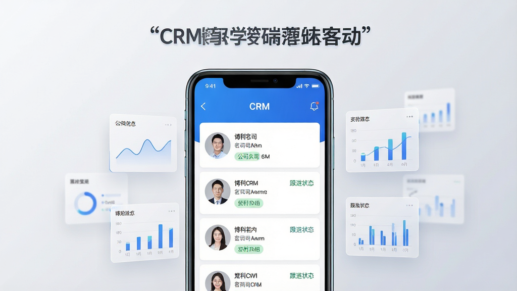 一张展示博科CRM移动端客户管理界面的主视觉图,主体为一部竖屏智能手机,屏幕内呈现博科CRM客户列表页面,包含客户头像、公司名称、跟进状态标签等元素;布局采用居中构图,手机两侧散落少量半透明的数据卡片与图表作为装饰;排版上标题区域留白,突出手机主体;风格为现代商务科技风,蓝白配色为主;细节上手机边缘有轻微反光,屏幕内文字清晰锐利,背景为浅灰色渐变;画质要求4K高清、干净利落、无多余杂乱元素
