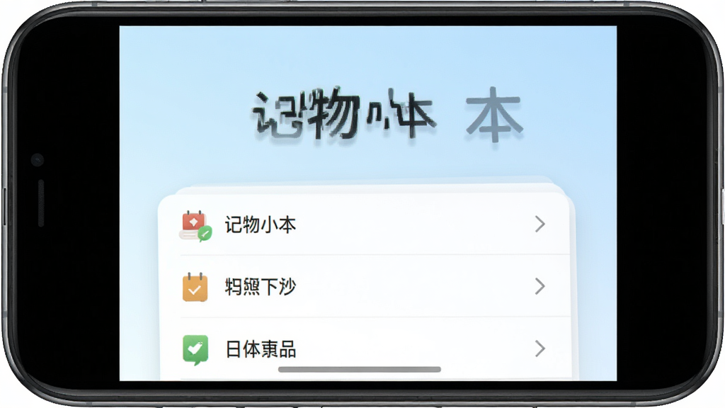 一张展示记物小本应用主界面的手机屏幕截图,画面中央是一个简洁的物品列表清单,上方显示“记物小本”四个大字,下方排列着几件带有小图标的物品条目,背景为柔和的浅蓝色渐变,整体风格干净清爽,画质清晰,无多余元素