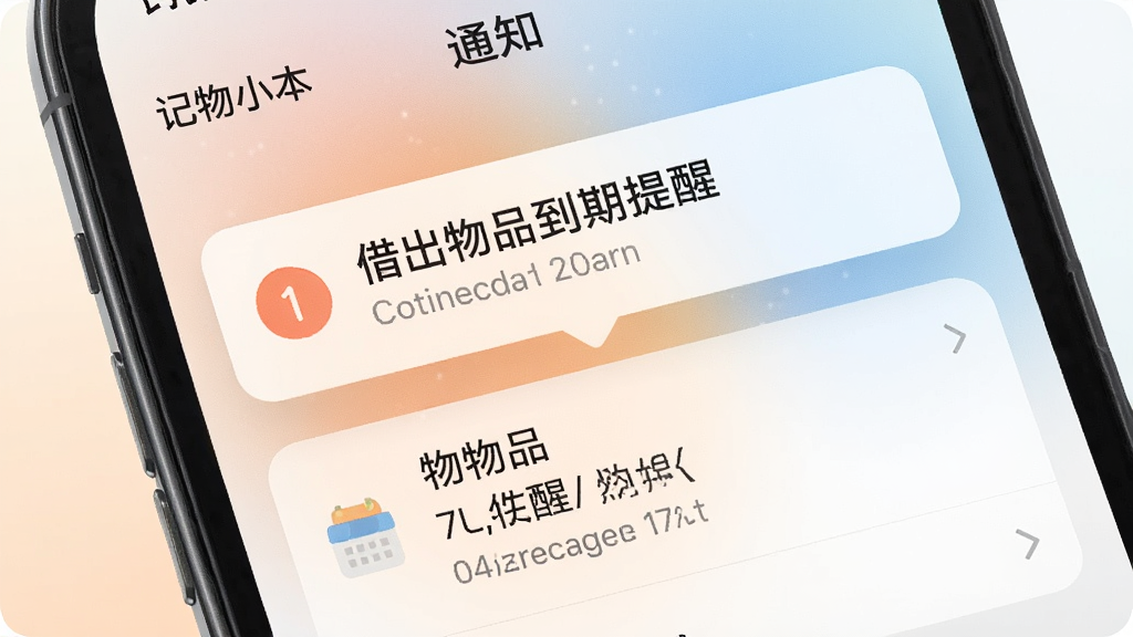手机屏幕显示“记物小本”的借还提醒通知界面,画面上方弹出提醒卡片,写着“借出物品到期提醒”,下方是相关物品信息,背景为柔和渐变,风格简洁明快,画质清晰,无多余元素