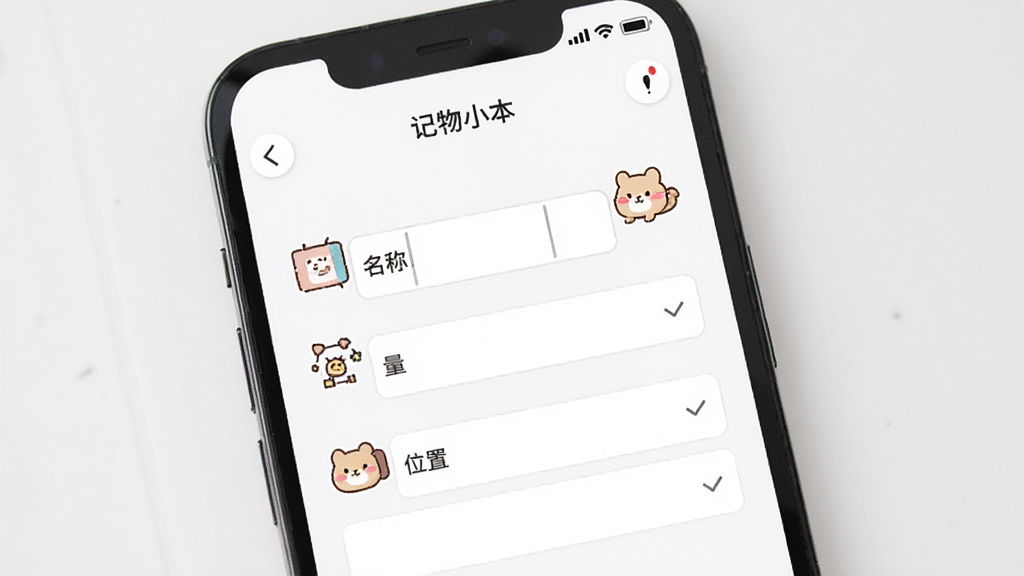 手机应用界面展示“记物小本”的物品录入页面,画面中有一个简洁的表单,包含名称、数量、位置等输入框,旁边有可爱的卡通图标点缀,风格清新简约,背景为白色,画质干净清晰,无多余元素