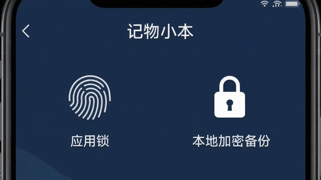 展示“记物小本”安全设置页面的手机截图,画面中有指纹图标和密码锁图标,旁边写着“应用锁”和“本地加密备份”,整体风格稳重可靠,背景为深蓝色调,画质清晰,无多余元素