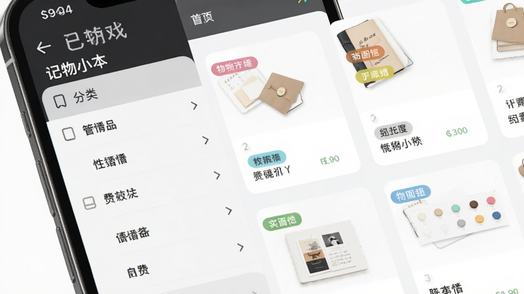 展示“记物小本”分类管理界面的手机截图,画面左侧是分类列表,右侧是带有彩色标签的物品卡片,整体布局清晰,风格现代简约,画质高清,无多余装饰元素