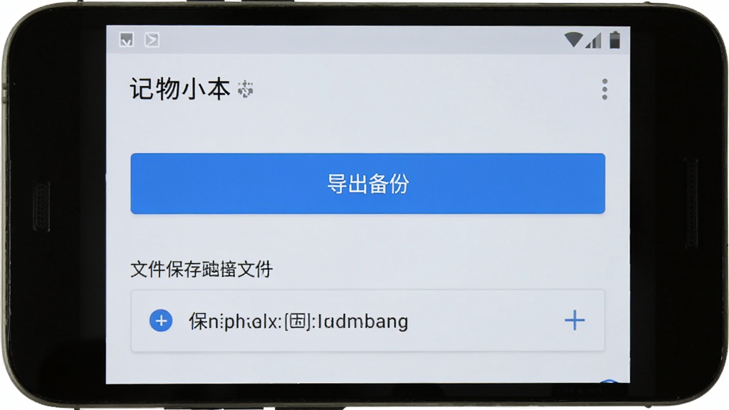 一部安卓手机屏幕上显示“记物小本”的备份导出界面,画面中有“导出备份”按钮和文件保存路径选择框,背景简洁,风格实用,画质清晰,无多余元素