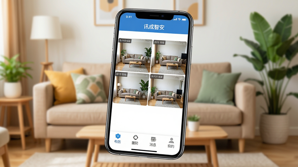 一张展示讯成智安手机应用主界面的图片,画面中央是手机屏幕,屏幕内显示讯成智安APP的监控画面网格布局,有四个摄像头视角的缩略图,下方有布防、撤防、消息、我的四个底部导航按钮。背景是温馨的家庭客厅环境,有沙发和绿植。布局采用居中构图,手机略微倾斜展示。风格为现代科技感UI展示图,细节清晰,色彩明亮,画质高清,干净,无多余元素。