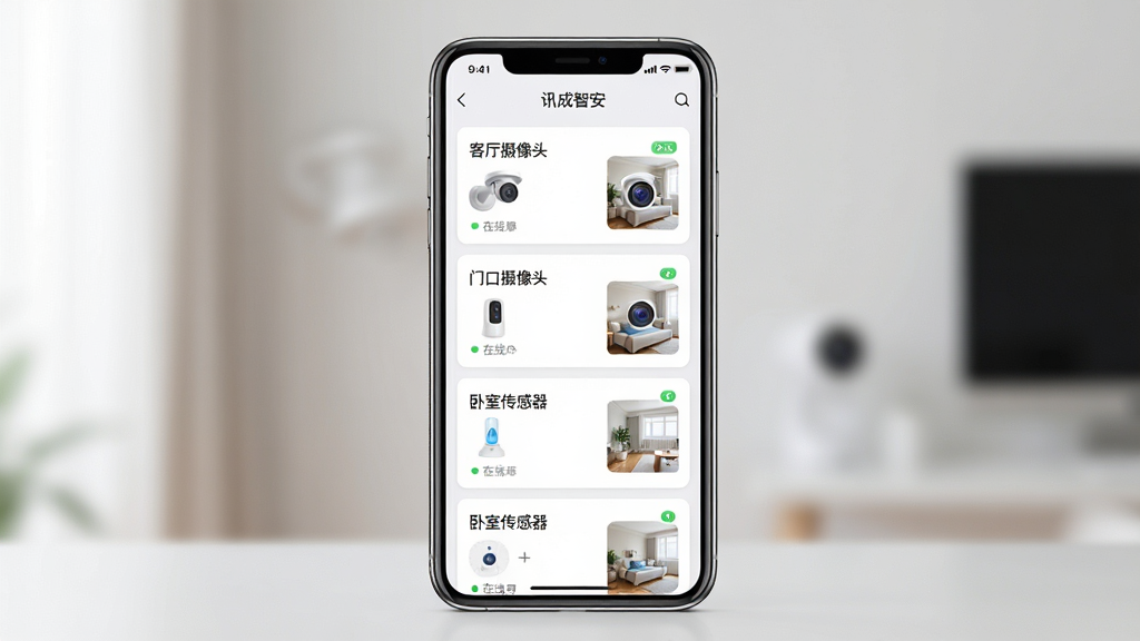 一张展示讯成智安多设备管理列表界面的图片,画面中央是手机屏幕,屏幕内显示讯成智安APP的设备列表,包含客厅摄像头、门口摄像头、卧室传感器等多个设备卡片,每个卡片有设备名称、在线状态图标和缩略图。布局采用垂直列表排版,手机直立展示。风格为简洁明快的UI界面展示,细节清晰,色彩柔和,画质高清,干净,无多余元素。