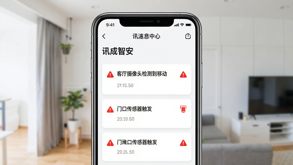 一张展示讯成智安告警消息推送界面的图片,画面中央是手机屏幕,屏幕内显示讯成智安APP的消息中心,有“客厅摄像头检测到移动”、“门口传感器触发”等告警条目,每条带有时间戳和红色告警图标。布局采用垂直列表排版,手机直立展示。风格为现代APP消息界面,细节清晰,色彩醒目,画质高清,干净,无多余元素。
