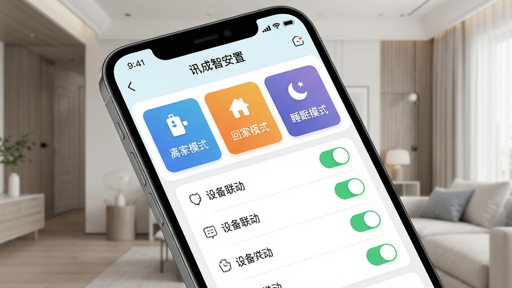 一张展示讯成智安场景联动设置界面的图片,画面中央是手机屏幕,屏幕内显示讯成智安APP的场景设置页面,有“离家模式”、“回家模式”、“睡眠模式”三个大按钮,下方有设备联动开关列表。布局采用卡片式排版,手机略微倾斜展示。风格为智能家居APP界面,细节清晰,色彩清新,画质高清,干净,无多余元素。