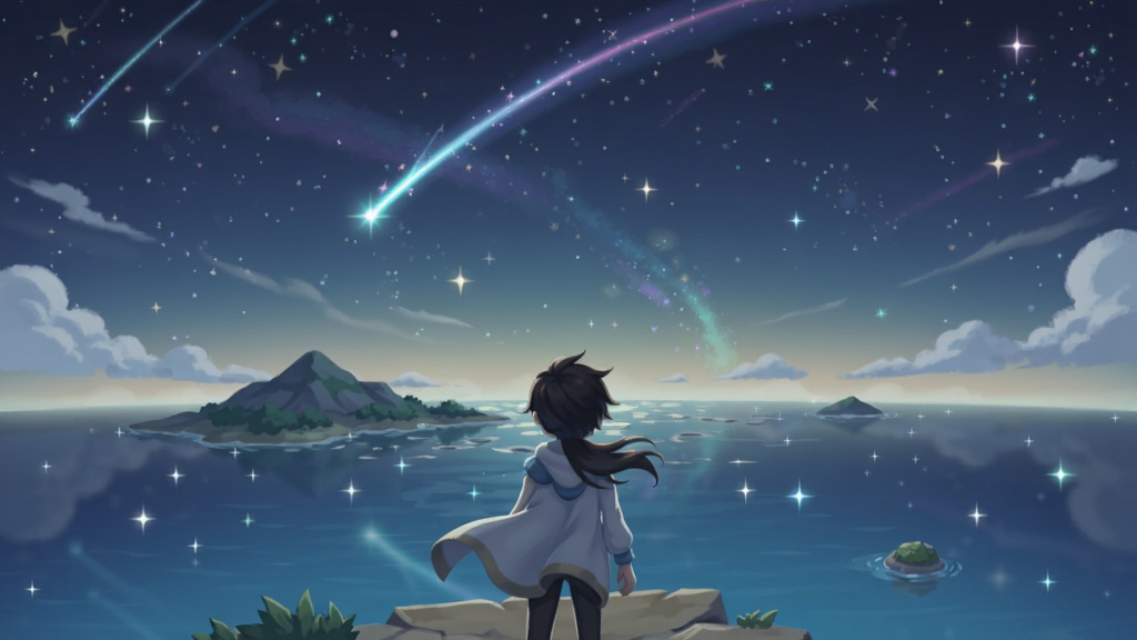 星回岛游戏内星空探索场景,主体是角色站在岛屿边缘仰望星空,布局采用近景角色与远景星空的纵深构图,排版将人物置于画面下方三分之一处,风格为柔和治愈系数字绘画,细节包括流星划过天际、海面倒映星光、角色衣角随风飘动,画质高清,干净,无多余元素