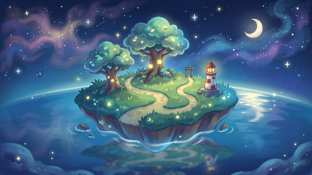 星回岛应用主界面全景预览图,主体是一座漂浮在星海中的梦幻小岛,岛屿上有发光的树木和蜿蜒的小路,布局采用中心岛屿加四周海面环绕的构图,排版突出岛屿全貌和星空背景,风格为治愈系手绘插画风,细节包括柔和的星云、倒映在海面的月光、岛上小巧的灯塔和草丛中散落的微光,画质高清,干净,无多余元素
