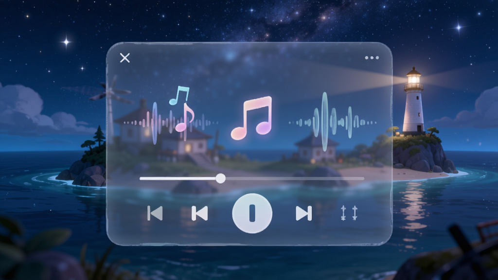 星回岛音乐氛围场景图,主体是游戏内音乐播放界面与岛屿夜景的融合画面,布局采用背景为星空岛屿、前景悬浮半透明音乐控制面板的叠加构图,风格为梦幻治愈系视觉风格,细节包括跳动的音符图标、柔和的声波纹理、远处灯塔的微光,画质高清,干净,无多余元素