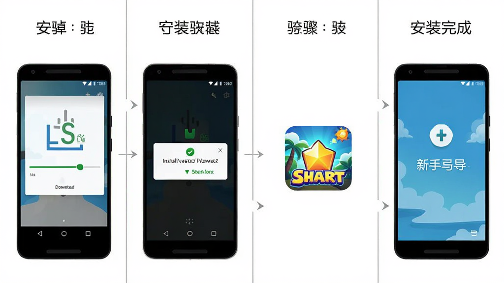 星回岛安卓手机安装步骤示意图,主体是一部安卓手机展示从下载到安装完成的四个步骤画面,布局采用四格横向排列的步骤图排版,风格为简洁教程风格,细节包括下载进度条、安装权限弹窗、游戏启动图标、新手引导界面,画质高清,干净,无多余元素