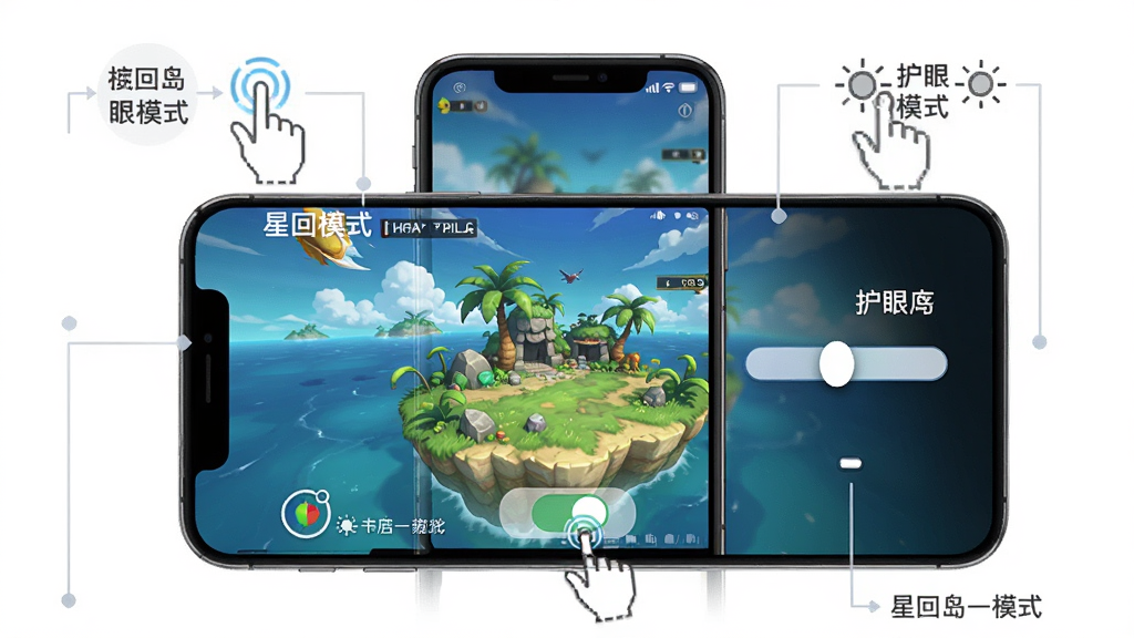 星回岛护眼模式与操作界面示意图,主体是手机屏幕中显示游戏画面与护眼模式开关,布局采用手机正面展示加周围功能标注的排版,风格为简洁明了的说明图风格,细节包括护眼模式图标、亮度调节滑块、点触手势提示,画质高清,干净,无多余元素