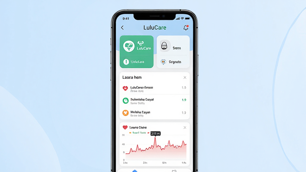 һ��չʾ LuluCare ����������ֻ�����ͼ������������һ�����������ֻ�����Ļ����ʾ LuluCare Ӧ����ҳ�棬���������򿨿�Ƭ����ҩ�����б������ʼ�¼ͼ��������Ϊ�ɾ�ǳ��ɫ���䣬���־��У�����ִ���Լ��ϸ�����������ʸ��壬�޶���Ԫ�أ�ͼƬ�пɼ����֡�LuluCare����