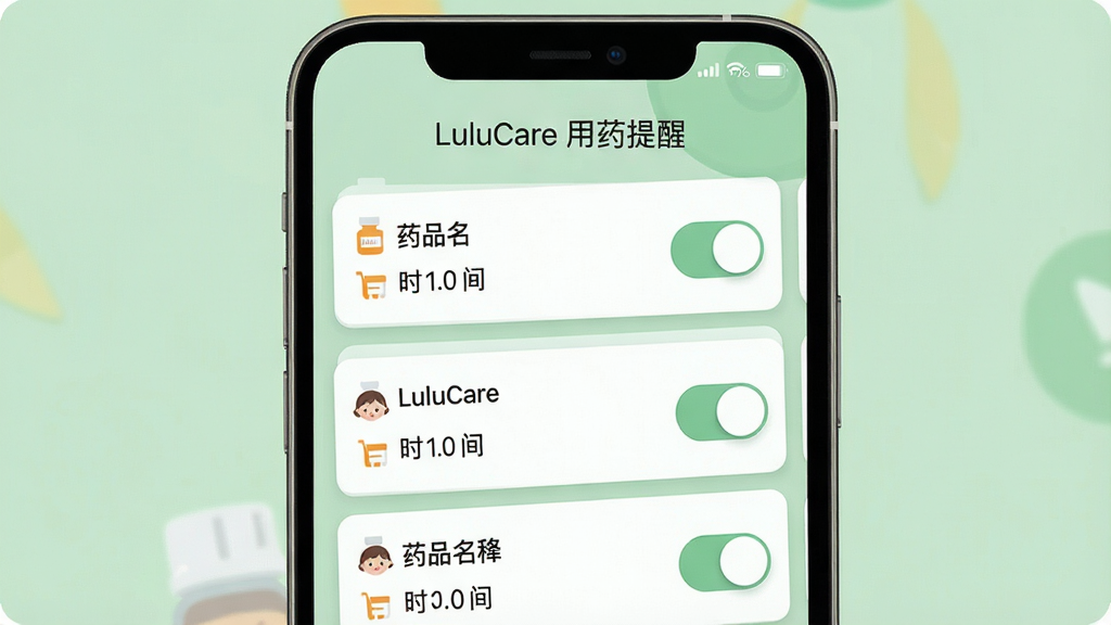 һ�� LuluCare ��ҩ�������ý�����ֻ���ͼ�������������ֻ���Ļ����ʾ������ѿ�Ƭ������ҩƷ���ơ�ʱ���뿪�ذ�ť������Ϊ���ǳ��ɫ������������������±�ƽ��ϸ�ھ��£����ʸ��壬�ɾ��޶���Ԫ�أ���Ļ�����֡�LuluCare ��ҩ���ѡ���