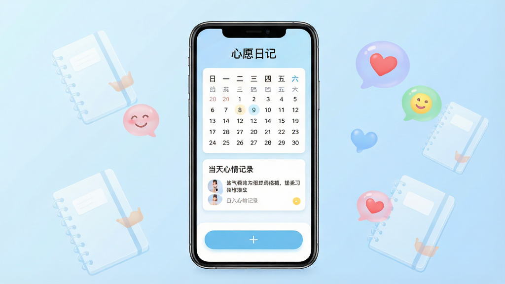 一张展示“心愿日记”手机应用主界面的图片。画面中央是一部现代智能手机,屏幕显示着清新风格的日记应用界面,顶部有“心愿日记”文字标识,中间是日历视图和当天的心情记录卡片,底部有添加按钮。背景是柔和的浅蓝色渐变,周围漂浮着几本半透明的笔记本和彩色的心情气泡。整体风格简洁明快,画质清晰干净,无多余元素。