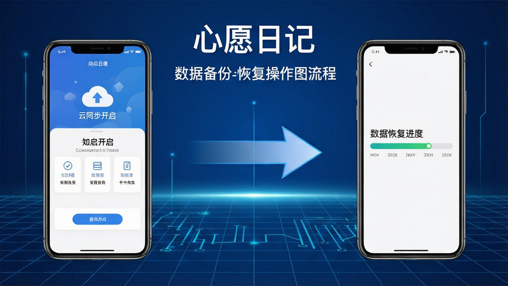 一张展示“心愿日记”数据备份与恢复操作流程的图解图片。画面分为左右两部分,左侧手机显示云同步开启界面,右侧手机显示数据恢复进度条。中间有箭头连接,背景是科技蓝网格,风格专业清晰,画质干净,无多余元素。