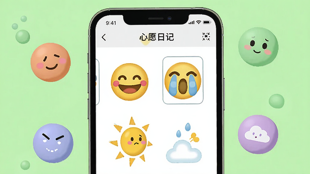 一张展示“心愿日记”心情标记功能的图片。画面中心是一部手机,屏幕显示日记编辑页面,页面上有各种可爱的表情符号(笑脸、哭脸、太阳、云朵)供选择。手机周围漂浮着代表不同心情的彩色小圆球。背景是清新的浅绿色,整体风格活泼可爱,画质清晰干净,无多余元素。