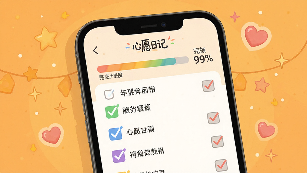 一张展示“心愿日记”心愿清单管理界面的图片。画面中手机屏幕显示一个待办事项列表,列表项旁边有彩色的复选框,部分已打勾,部分未打勾。屏幕上方有一个进度条显示完成百分比。背景是温暖的橙黄色调,周围漂浮着星星和爱心图标,营造出积极向上的氛围。画质清晰干净,无多余元素。