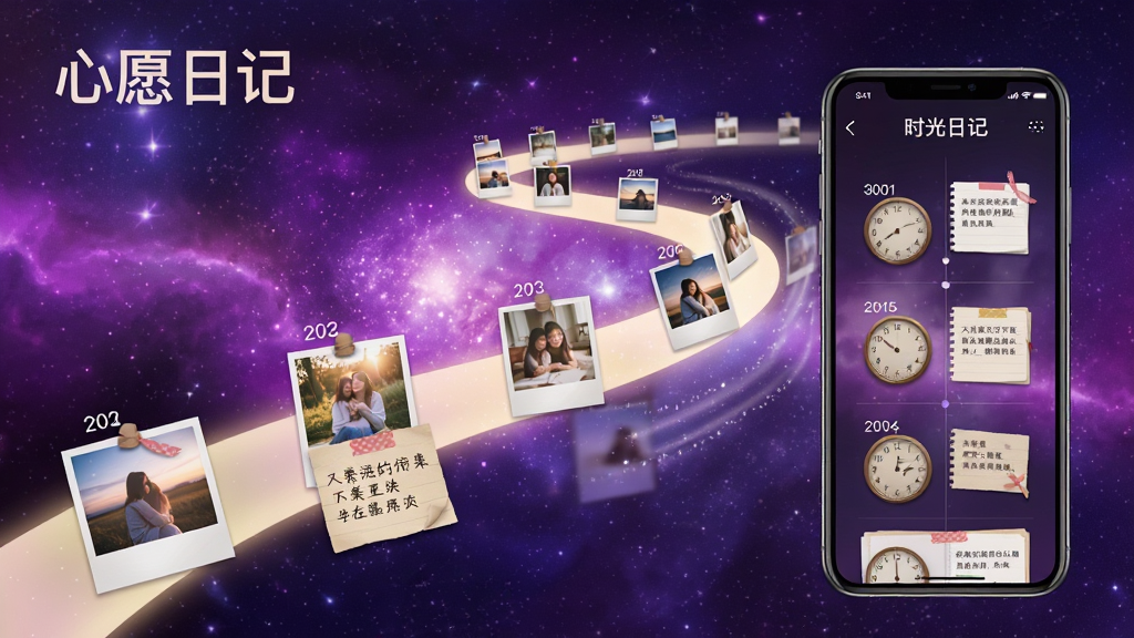 一张表现“心愿日记”时光轴功能的图片。画面是一条蜿蜒向前的光带,光带上分布着不同日期的照片和日记卡片,卡片上有简短的文字摘要。手机屏幕显示着时光轴界面。背景是梦幻的紫色星空,象征着时间的流逝与记忆的珍贵。风格唯美且富有故事感,画质高清,无多余元素。