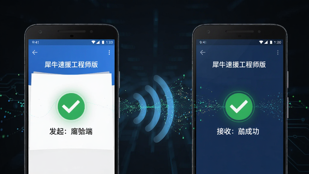 画面主体为两部安卓手机通过无线信号波进行连接,屏幕分别显示“犀牛速援工程师版”的发起端与接收端界面,布局为左右并列,排版突出连接成功的绿色对勾图标,风格为简约科技风,细节包含数据流粒子效果,画质超清,干净无多余元素