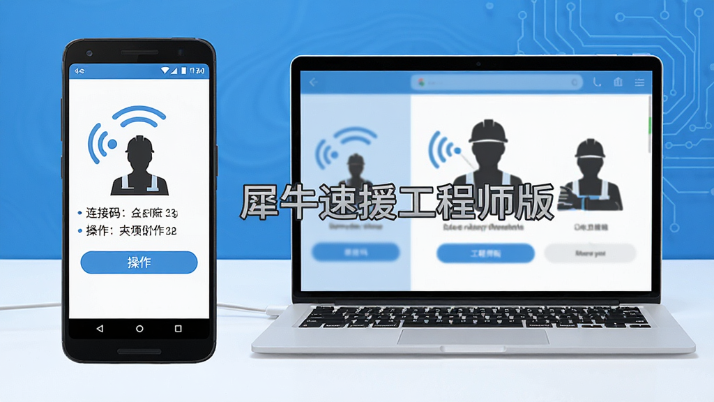 画面主体为一台打开安卓手机屏幕的远程协助界面,画面中央显示“犀牛速援工程师版”字样,布局采用左侧手机右侧笔记本电脑的对称构图,排版清晰展示连接码与操作按钮,风格为现代科技感扁平化设计,细节包含信号波纹图标与工程师剪影,画质4K高清,干净无多余元素