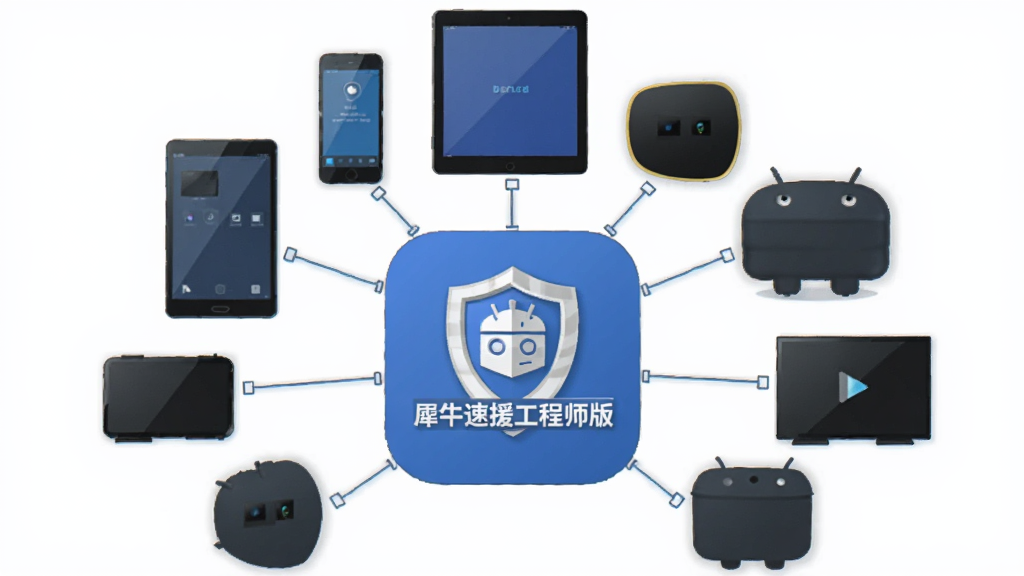 画面主体为多台不同尺寸安卓设备围绕“犀牛速援工程师版”图标排列,布局为环形放射状,排版展示手机、平板、电视盒子等设备形态,风格为扁平化插画风,细节包含设备间连接线条,画质清晰,干净无多余元素