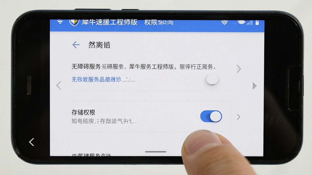 画面主体为一部安卓手机显示“犀牛速援工程师版”权限设置界面,布局为手机居中,排版展示无障碍服务与存储权限开关,风格为写实UI截图风格,细节包含手指点击开关动作,画质高清,干净无多余元素