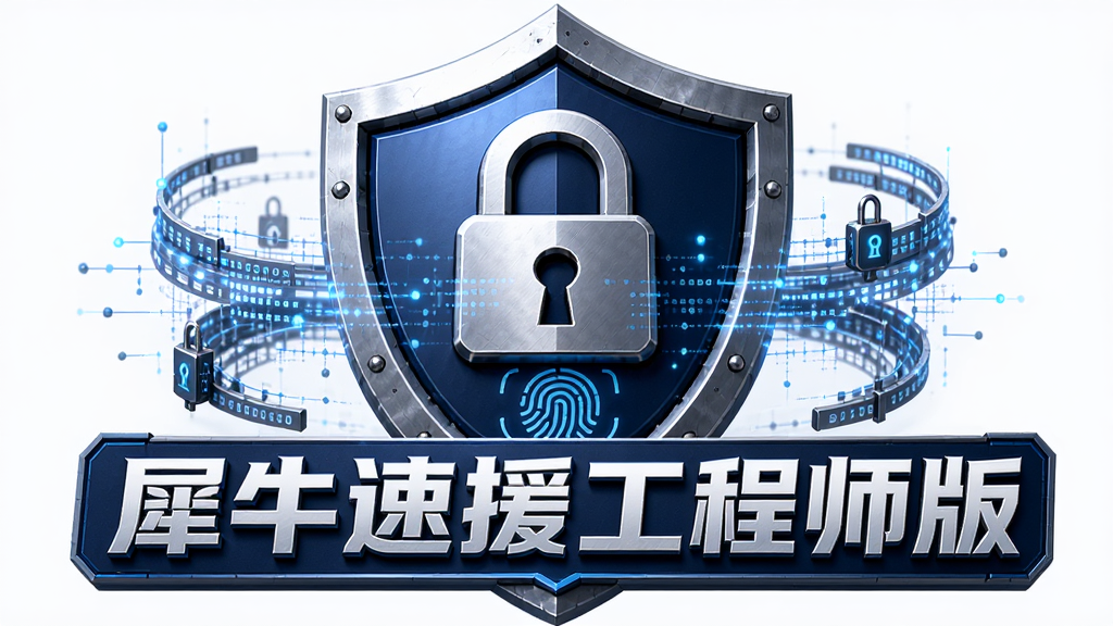 画面主体为一个盾牌图标与“犀牛速援工程师版”文字组合,布局为盾牌居中,排版展示锁形与指纹识别元素,风格为安全防护主题的立体质感,细节包含加密数据流线条环绕,画质精细,干净无多余元素