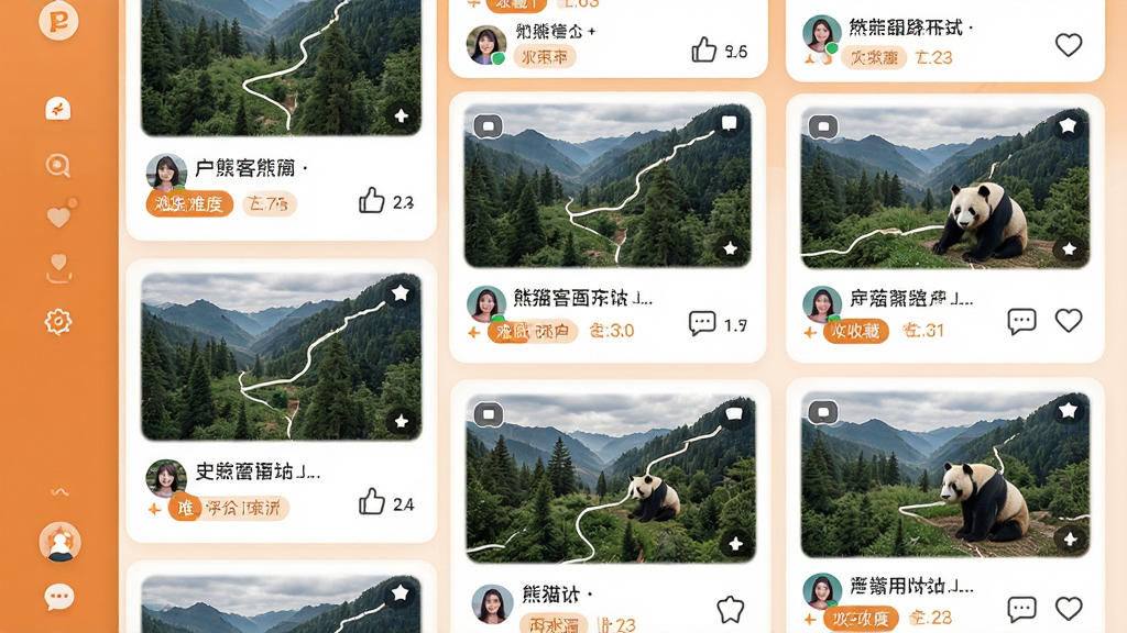 ��������Ϊ��è��Ӧ�õ������������棬����Ϊ�ٲ���ʽ��Ƭ����չʾ�����û������Ļ���·�ߣ��Ű�ÿ�ſ�Ƭ����·������ͼ�����⡢�Ѷȱ�ǩ������������Ϊ��ů��ɫ���罻UI��ϸ�ڰ����û�ͷ���������ݡ��ղ�ͼ�꣬���ʸ���ɾ��޶���Ԫ��