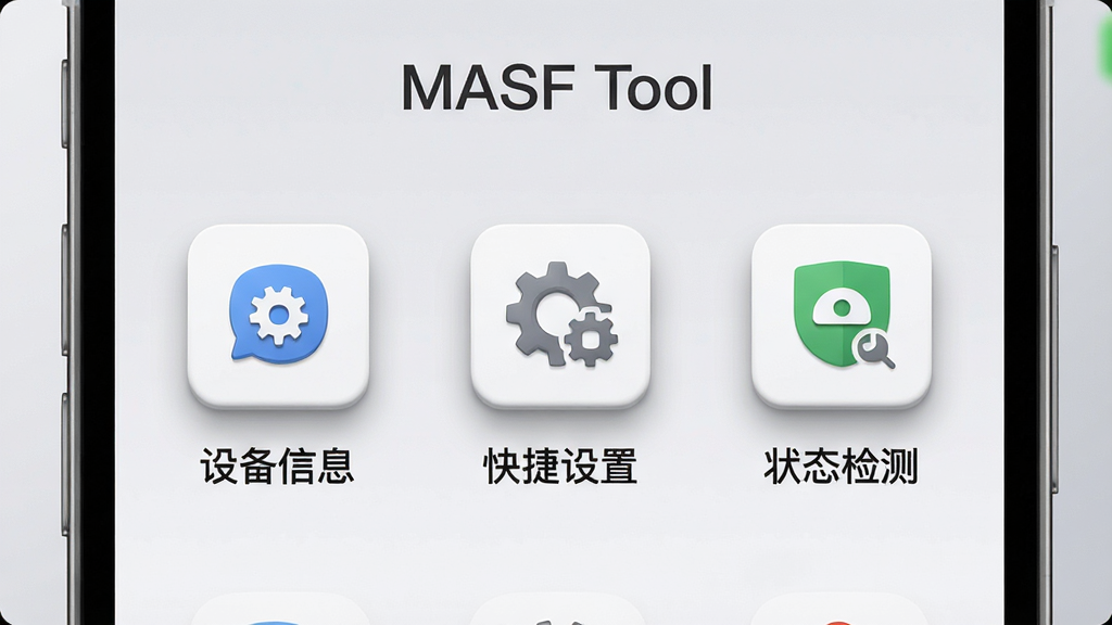 һ�š�MASF Tool����������չʾͼ�������������ֻ���Ļ��д����Ļ����ʾ�������ŵĹ���ģ��ͼ�꣬�ֱ�����豸��Ϣ��������ú�״̬��⣬ͼ���·������ı�ǩ������Ϊǳ��ɫ���䣬���Ϊ�ִ���Լ��ϸ����ͼ�������΢������Ӱ�������������ɾ����޶���Ԫ��