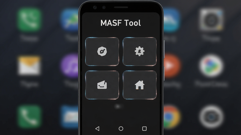 һ��չʾ��׿�ֻ���Ļ��ͼƬ�����������ǡ�MASF Tool�����������棬�Ϸ����������ơ�MASF Tool�����ֱ�ʶ�����������ɫ����񣬰����������ܿ�Ƭ��ť��������ģ�����ֻ����棬���岼�ָɾ����룬���Ϊ��ƽ���Ƽ��У�ϸ���ϰ�ť��Ե����΢�߹⣬�����������ɾ����޶���Ԫ��
