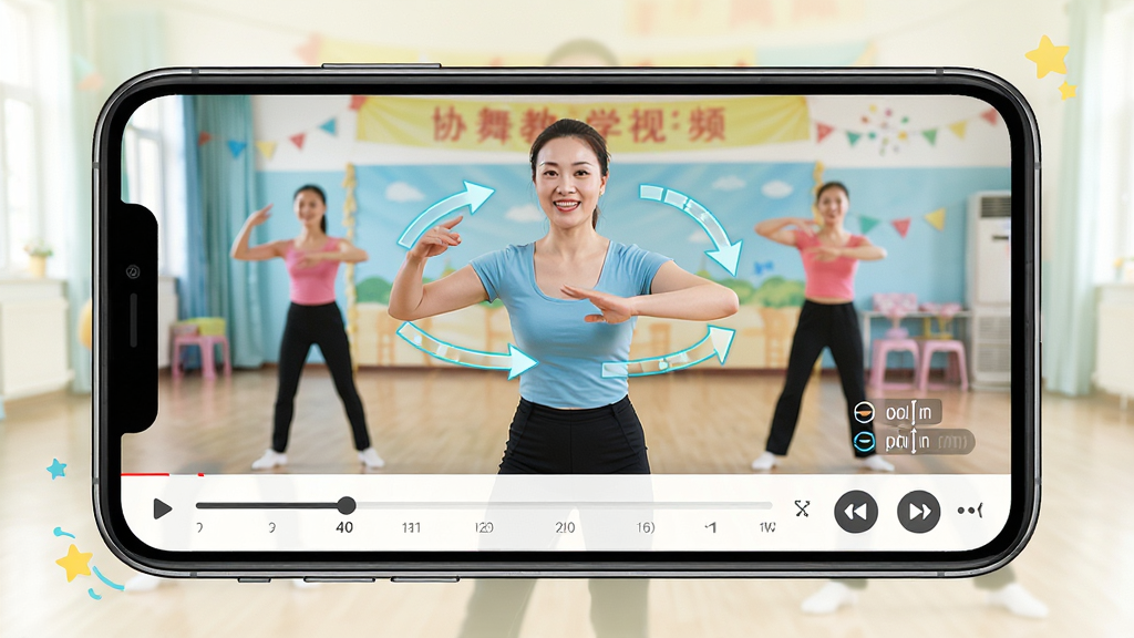Э���ѧ��Ƶ���Ž��棬������һλ�赸��ʦ����ʾ���㳡�趯������Ļ�·��н������뱶�ٰ�ť������Ϊ�ֻ�����չʾ�������Ϸ�Ϊ��Ƶ���·�Ϊ���������Ű����������������ã�ϸ�ڰ��������켣��ע�������ʾ�����ʸ��壬�ɾ����޶���Ԫ��