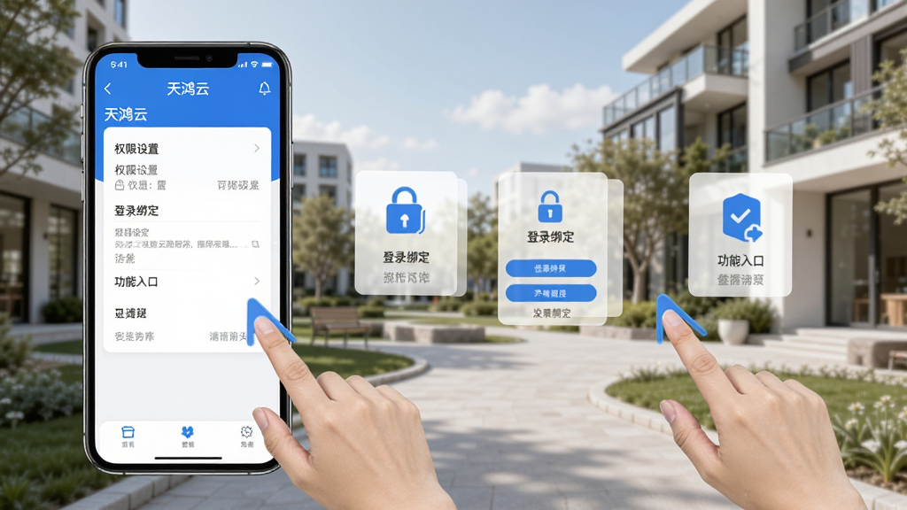天鸿云移动端使用操作示意图,画面为手机屏幕与操作手势指示,屏幕中展示天鸿云应用界面,包含权限设置、登录绑定、功能入口等元素,界面简洁清晰,蓝白配色,背景为现代社区环境,画面干净,画质高清,无多余元素
