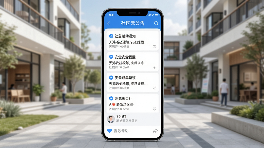 天鸿云社区公告与邻里互动界面展示,画面为手机屏幕,屏幕中显示社区公告列表与互动评论区,公告内容包含社区活动通知、安全提醒等,界面设计简洁友好,蓝白配色,背景为现代社区公共区域,画面干净,画质高清,无多余元素