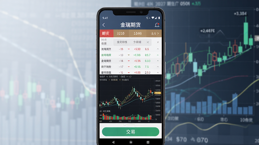 手机屏幕上显示金瑞期货APP主界面,界面包含期货行情列表与K线图,背景为简洁的金融科技风格,主体是一部安卓手机,布局居中,排版清晰,风格现代商务,细节包括红绿涨跌数字与交易按钮,画质高清,干净,无多余元素