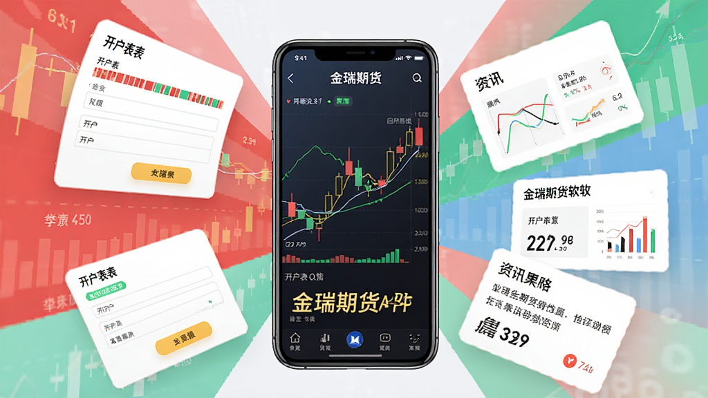 金瑞期货APP功能展示图,画面中央是手机界面,周围环绕行情K线、开户表单、资讯卡片等元素,主体突出金瑞期货软件名称,布局采用放射状排版,风格为扁平化金融科技风,细节包含红绿数据与图表线条,画质清晰,干净,无多余元素