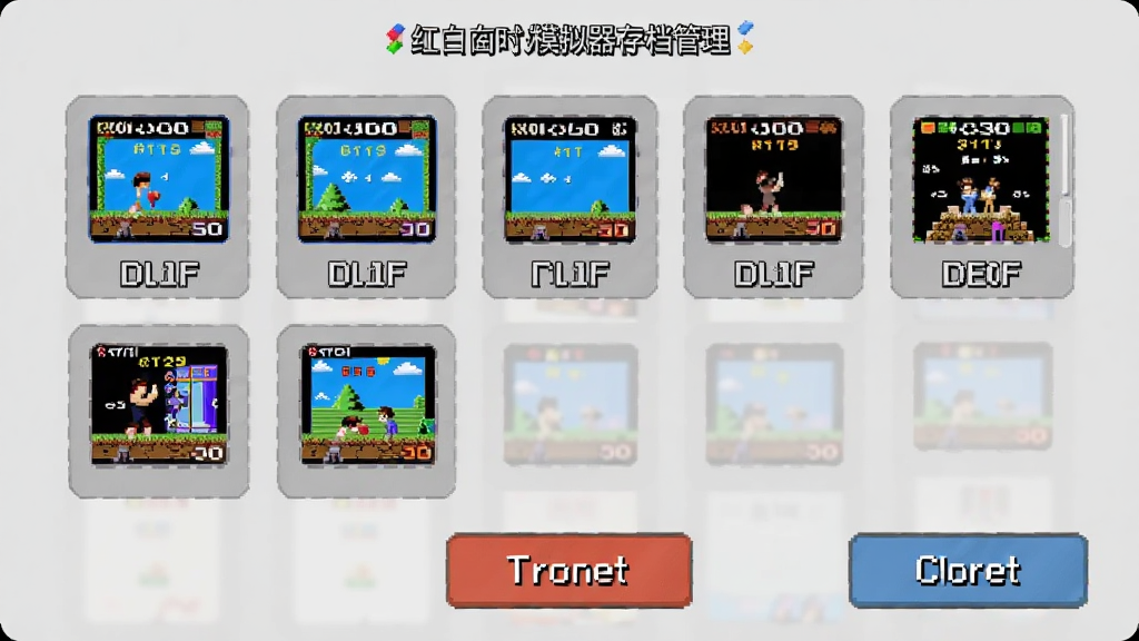 红白机时光模拟器存档管理界面,展示多个存档槽位和游戏缩略图,界面简洁,按钮清晰,背景为淡灰色,画质清晰,干净无多余元素