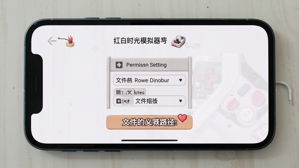 红白机时光模拟器在新手引导界面展示权限设置与文件夹路径,画面中有手机屏幕和提示文字,风格简洁明了,画质清晰,干净无多余元素